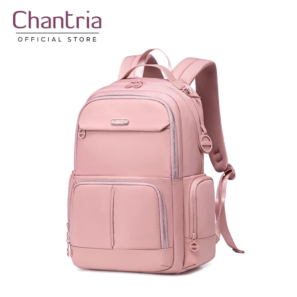 Sac à dos femme Chantria rose poudré - multipoches ordinateur 15,6 pouces