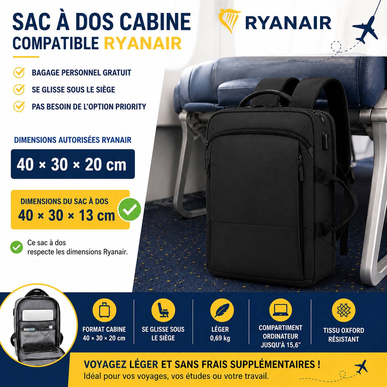 Sac à dos voyage anti-vol résistant à l'eau bagage cabine avion
