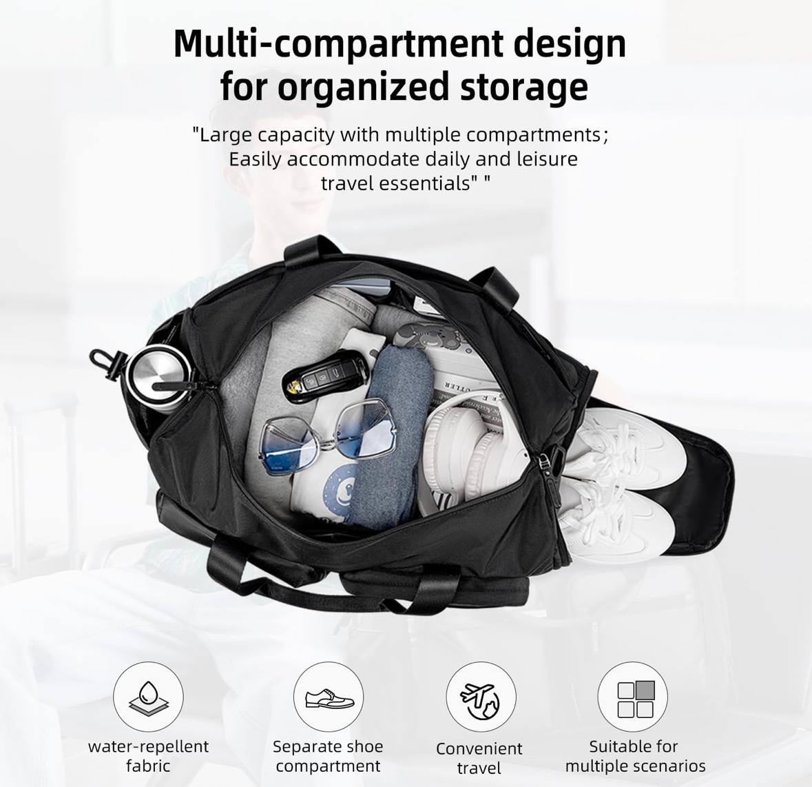Sac de Sport & Voyage Grande Capacité 28L – Imperméable, Compartiment Chaussures & Bandoulière