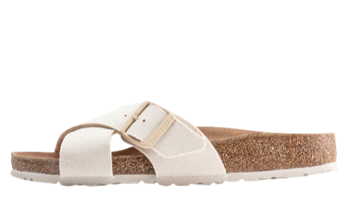 The BIRKENSTOCK Siena boasts a refined, timeless appearance. Crossed straps give the sandal its unique and elevated look. Now updated with new vegan materials. Featuring tonal, matte buckles with a textured canvas upper. The upper is made from a soft fabric. Anatomically shaped cork-latex footbed Upper: textile Footbed lining: microfiber Sole: EVA Details: two straps, one with an individually adjustable metal pin buckle; vegan; color-coordinated details “Made in Germany”