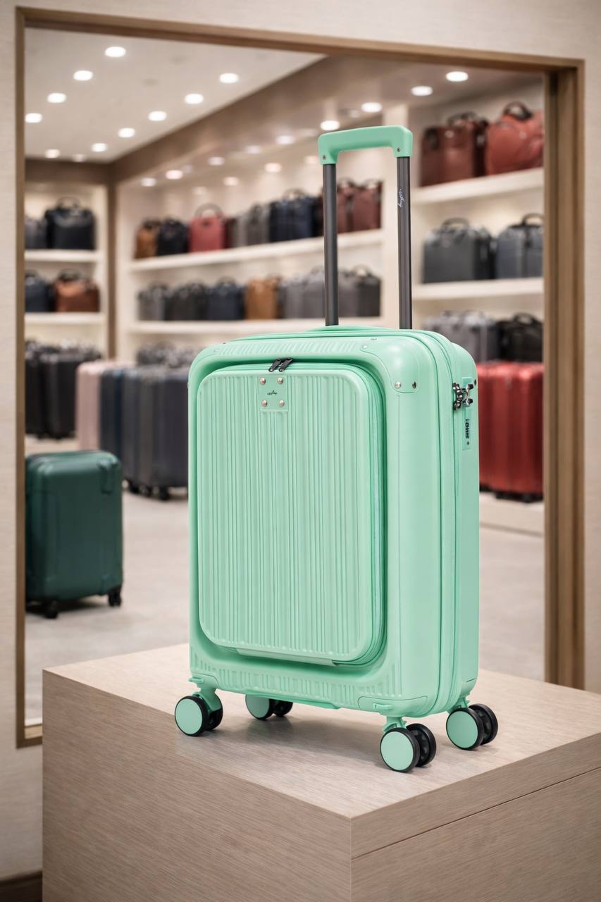 Valise cabine avion avec ouverture frontale et place PC vert pastel